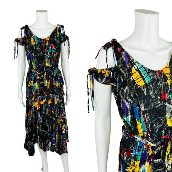 Vintage 80s Tie Dye Dress Colorful Braided Knots Cold Shoulders Burning Man